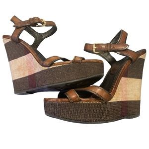 Burberry Brown Leather Plaid Wedge Sandals
